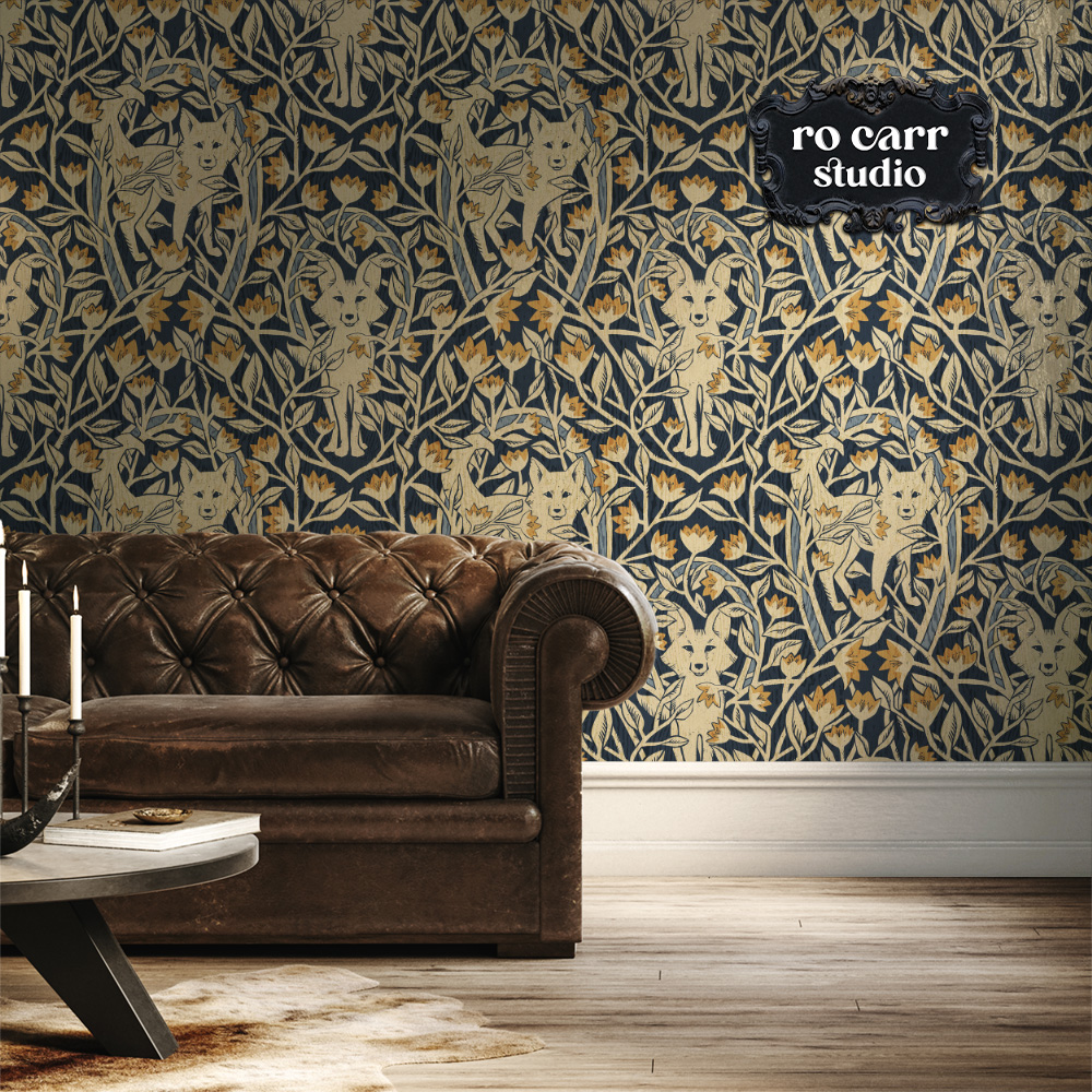 Wallpaper mockup of hunt club design in living room with traditional leather couch.