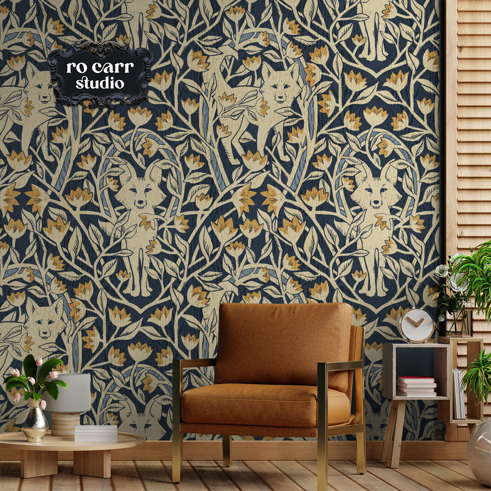 Wallpaper mockup of hunt club design in a sitting room with modern furniture.