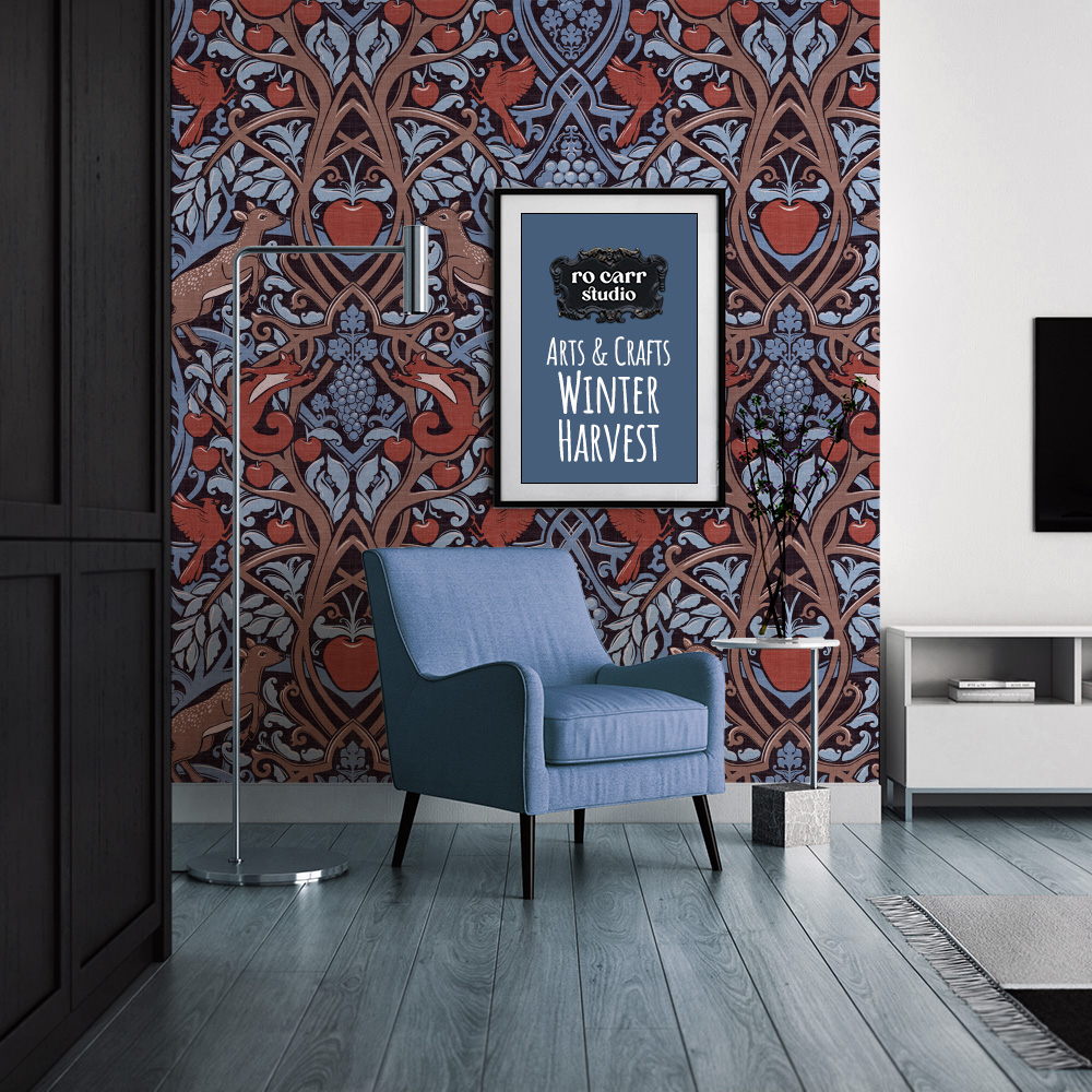 Winter Harvest pattern shown in wallpaper mockup with a blue chair.