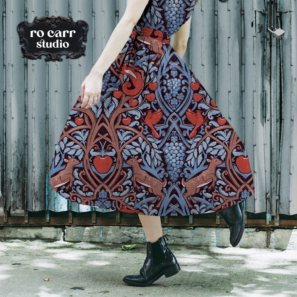 Mockup of a young woman twirling in a dress features the pattern.