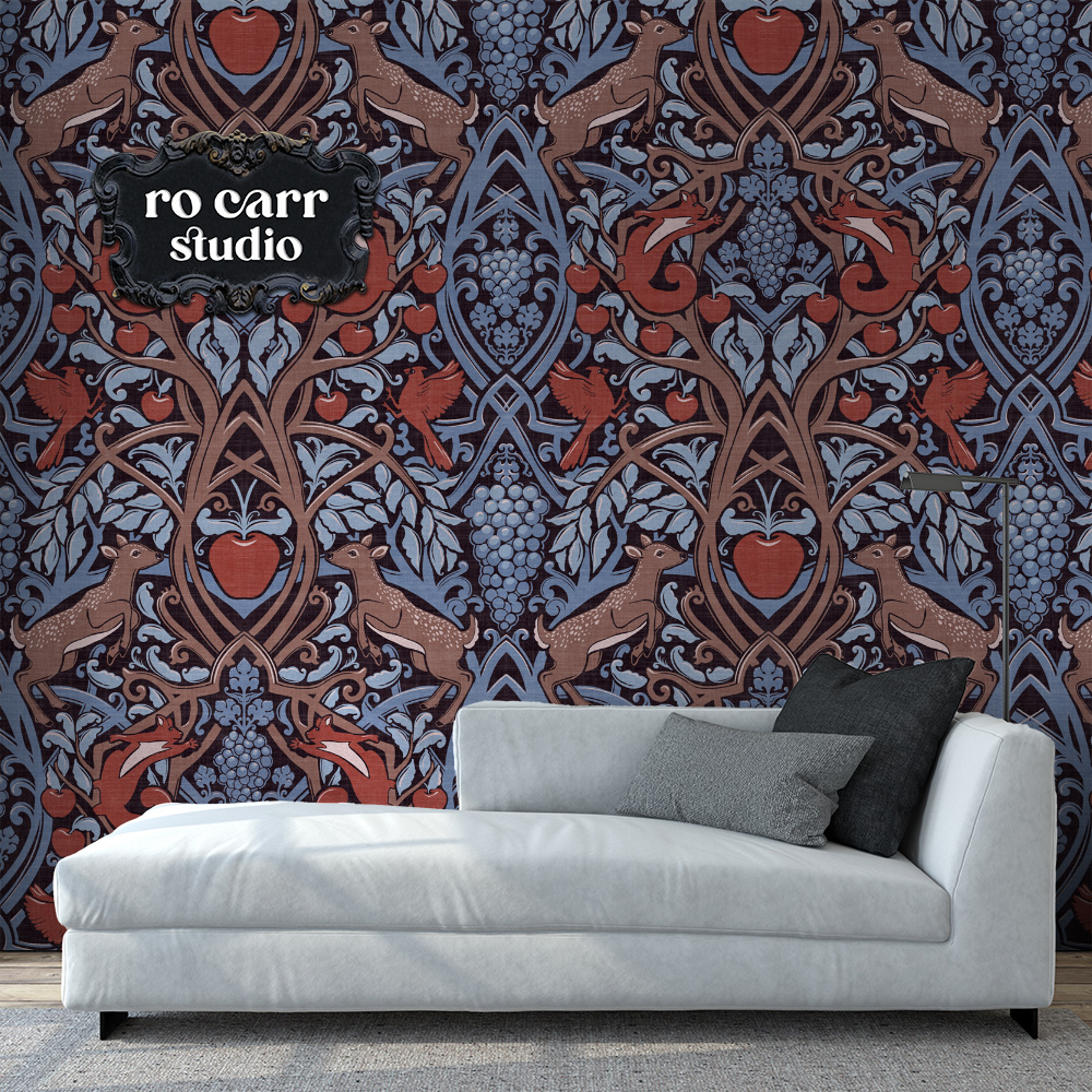 Winter Harvest pattern shown in wallpaper mockup with a chaise lounge.