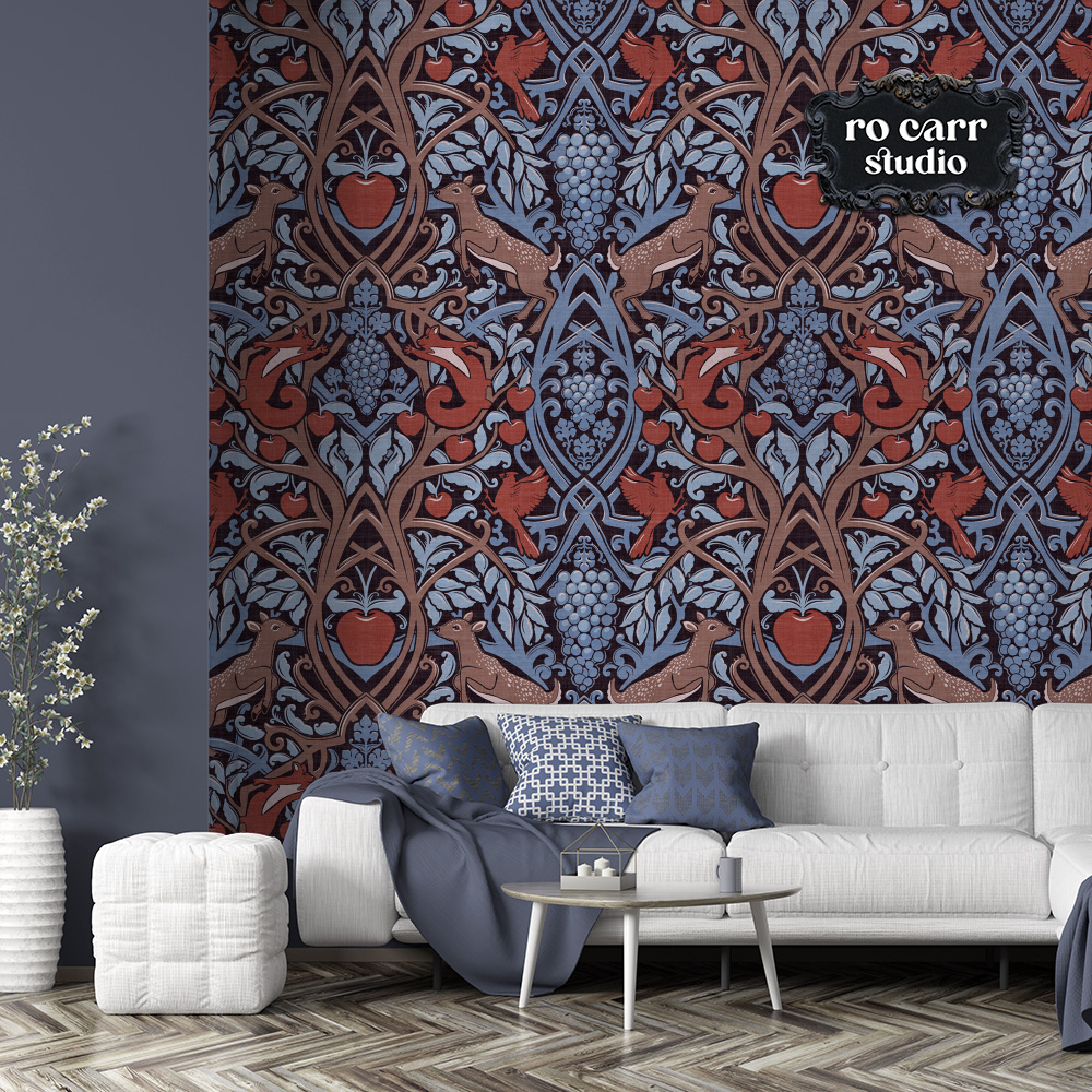 Winter Harvest pattern shown in wallpaper mockup in living room with white couch.
