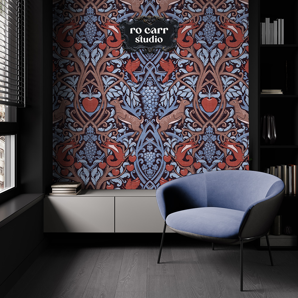 Winter Harvest pattern shown in wallpaper mockup of a den with a comfy chair.