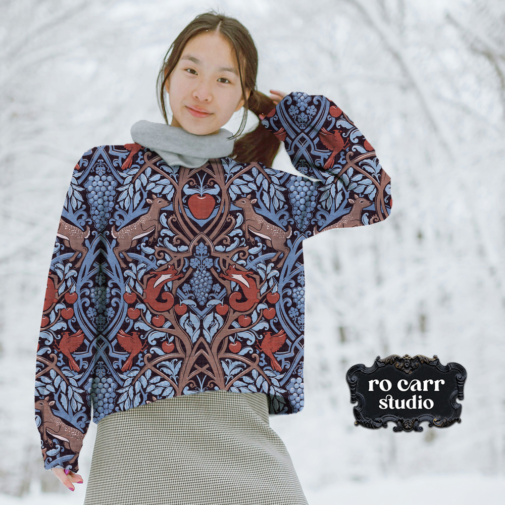 Mockup of young woman outside in the snow wearing a sweater printed with the pattern.