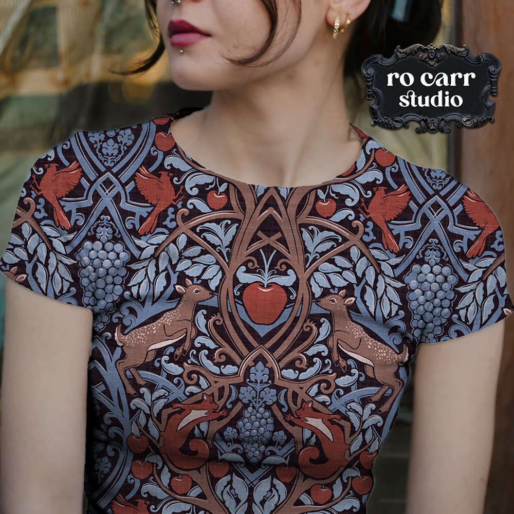 Mockup of woman wearing a fitted tee printed with the pattern.
