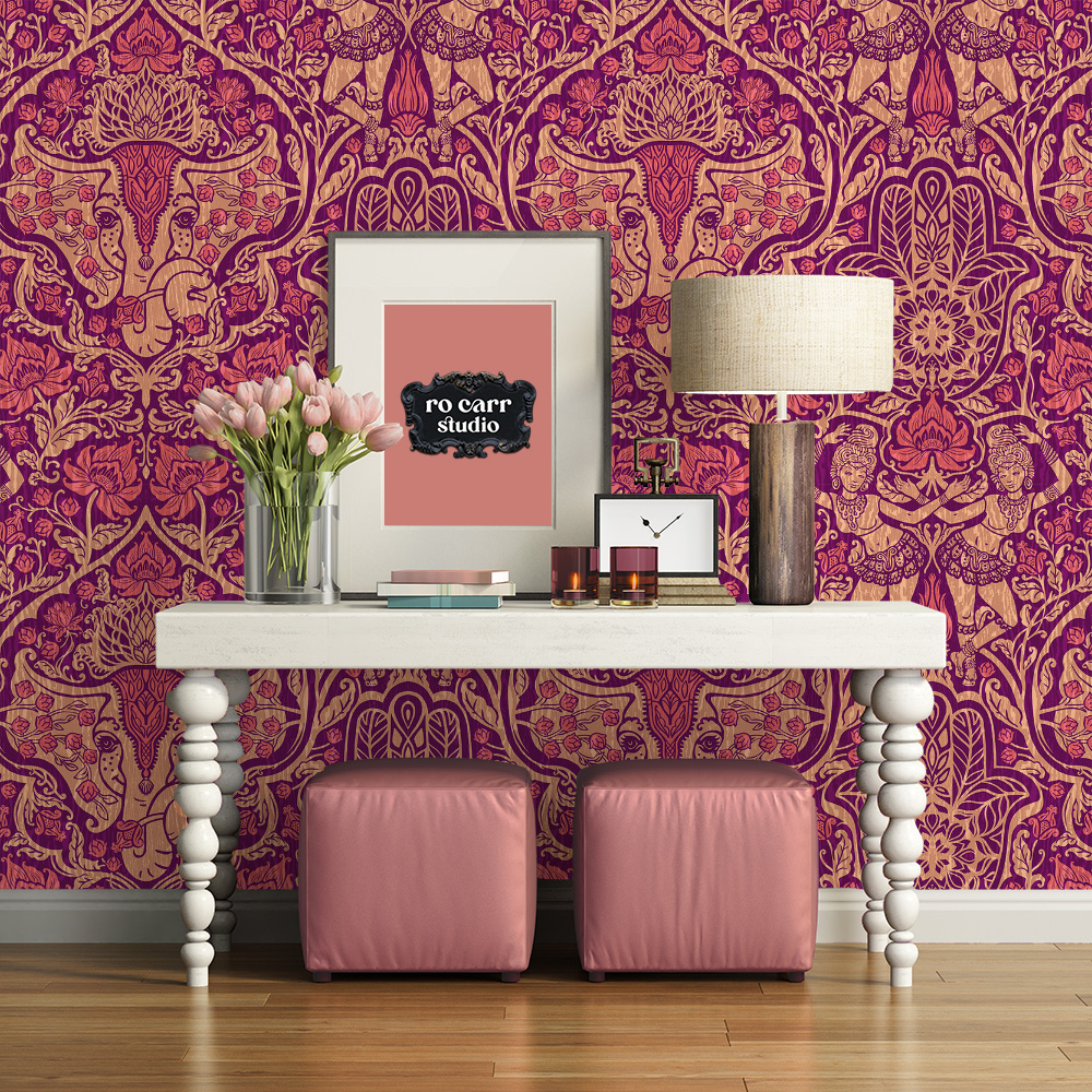 Mockup of feminine foyer, the wall papered with the pattern.