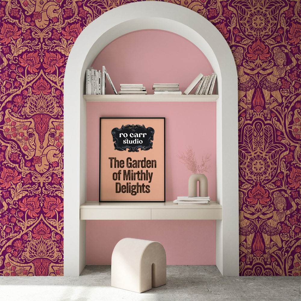 Designed hallway and custom shelving with an arch, the walls are papered with the pattern.