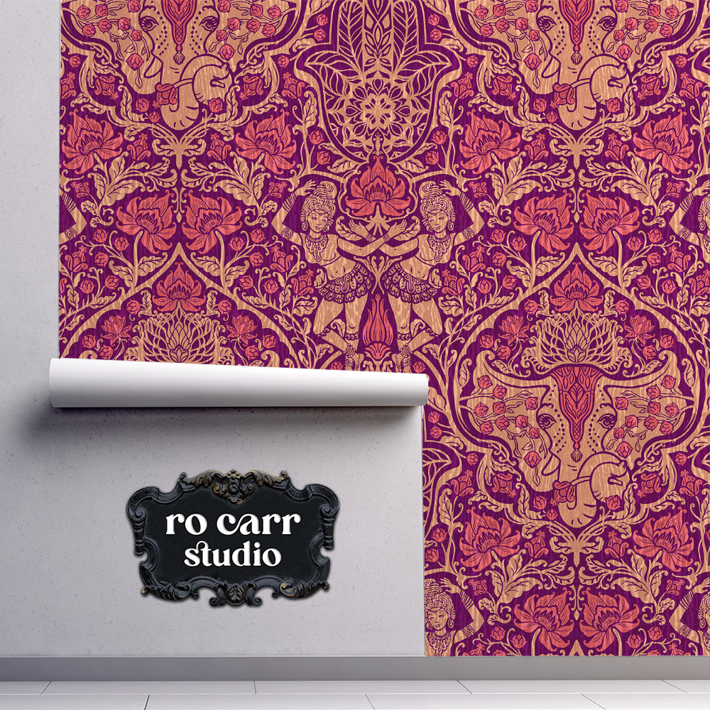 Wallpaper mockup featuring with the Garden of Mirthly Delights pattern.