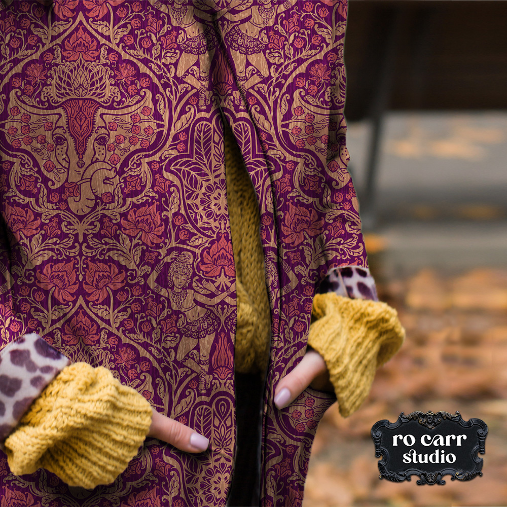 Close up of woman wearing a jacket printed with the pattern in amethyst.