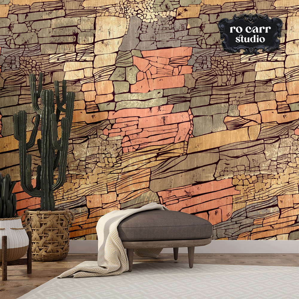 Mockup of modern sitting room with an ottoman and cactus, showing wallpaper with Rock Candy Mountain repeating pattern.