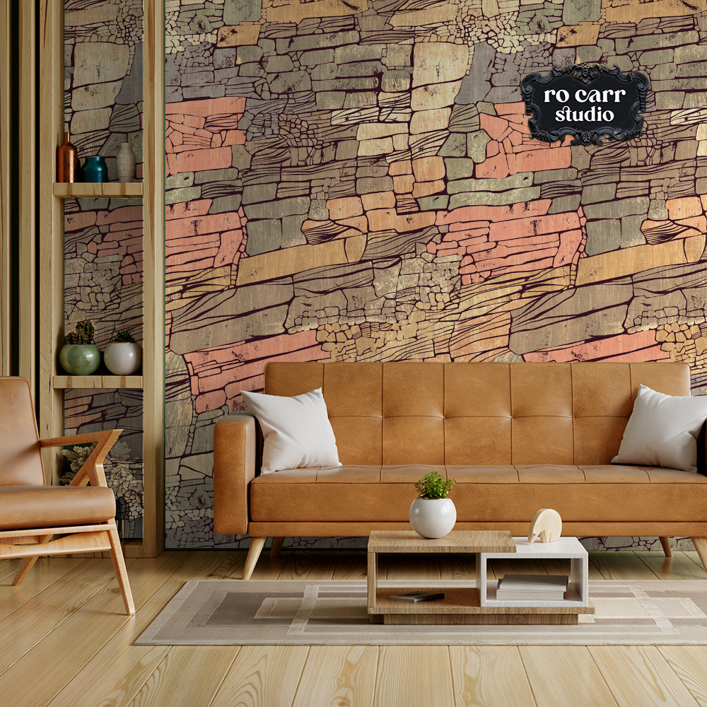 Wallpaper mockup in a warm, modern living room with a leather couch, featuring the pattern.
