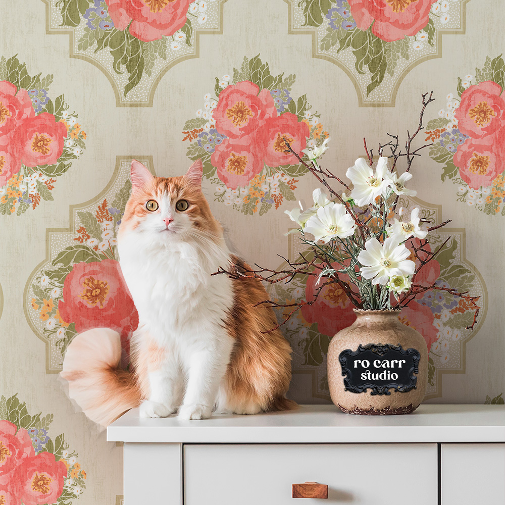 Granny Flair pattern in a wallpaper mockup featuring a cat sitting on a bureau.