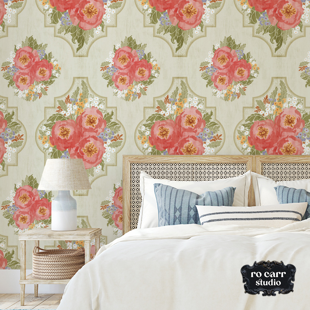 Pattern shown as wallpaper in a bathroom mockup featuring a brass tub.