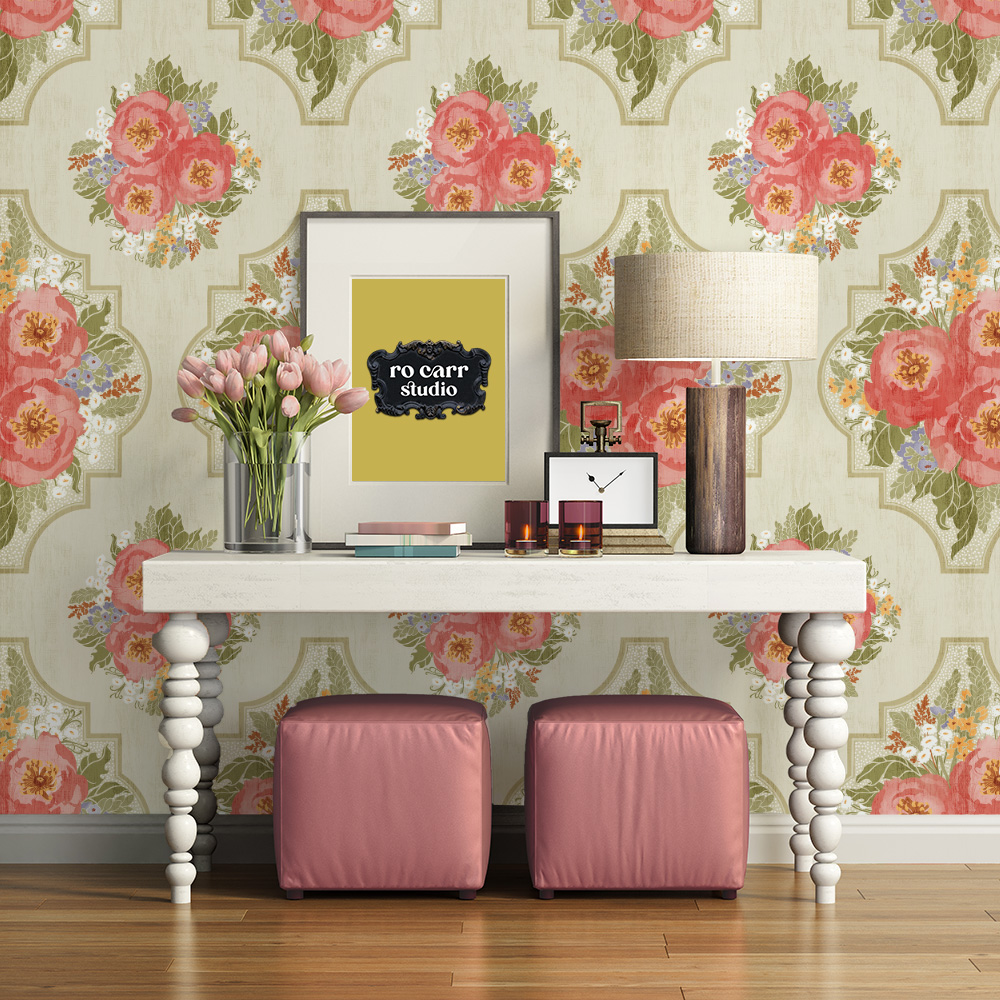 Granny Flair pattern in a wallpaper mockup in a feminine foyer.