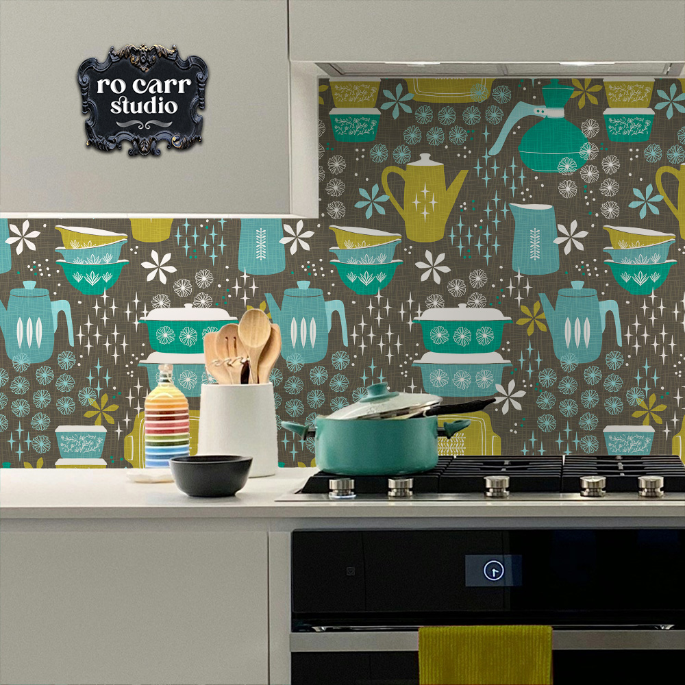 Wallpaper mockup of a kitchen showing the Hostess in teal pattern as the backsplash.