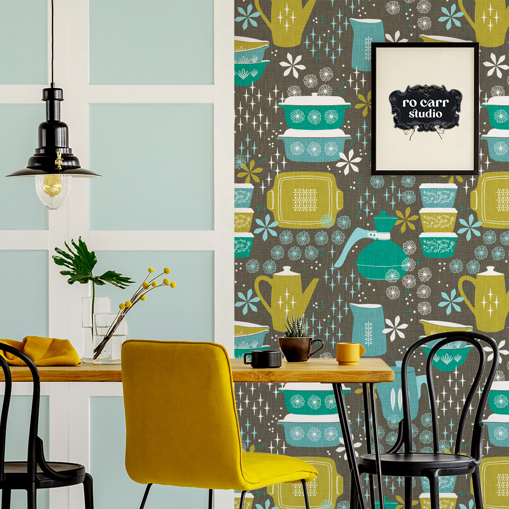 Wallpaper mockup of a dining room with the Hostess in teal pattern on the wall.
