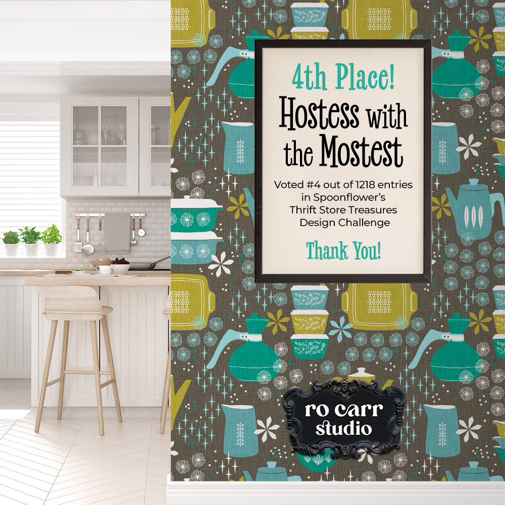 4th Place! Hostess with the Mostest placed 4th out of 1218 entries in Spoonflower's Thrift Store Treasures design challenge.