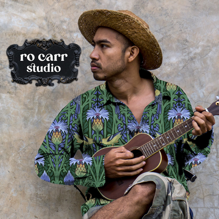 Mockup of a young male musician wearing a shirt printed with the Nouveau Blue pattern.