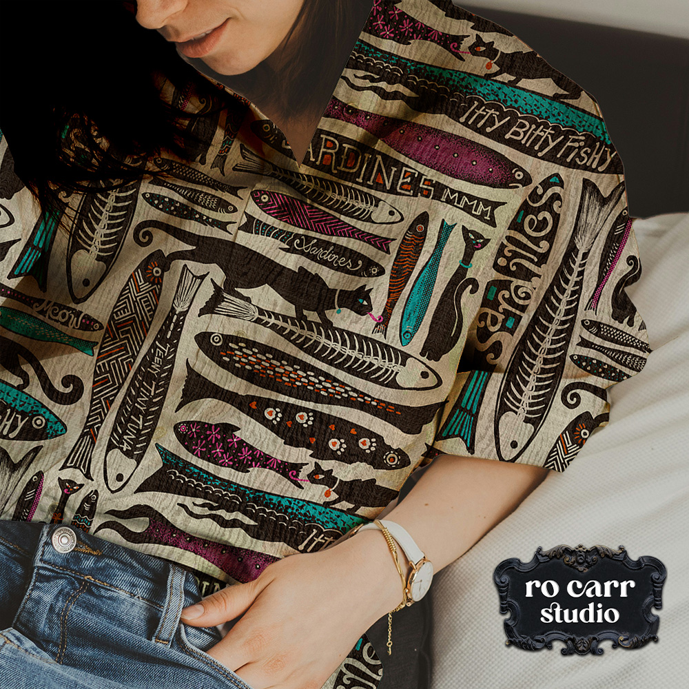 Mockup of woman wearing a button down shirt displaying Catch of the Day pattern.