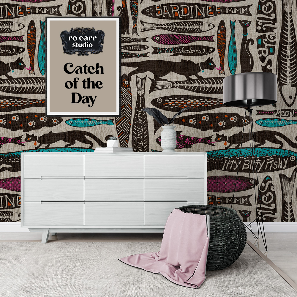 Wallpaper mockup showing the pattern in the background of a designed foyer with a basket and chest of drawers.