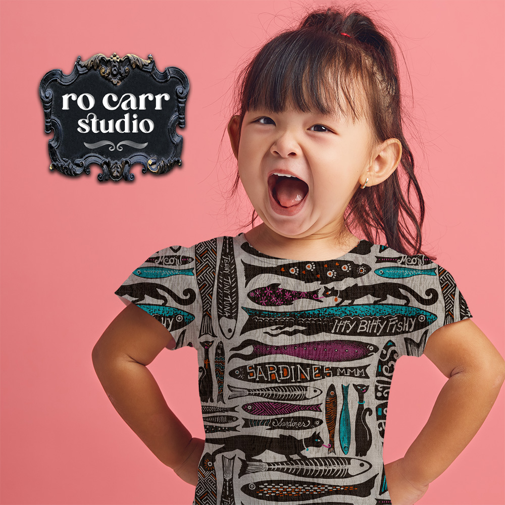 Cute 4 year old girl wearing a tee printed with the pattern.