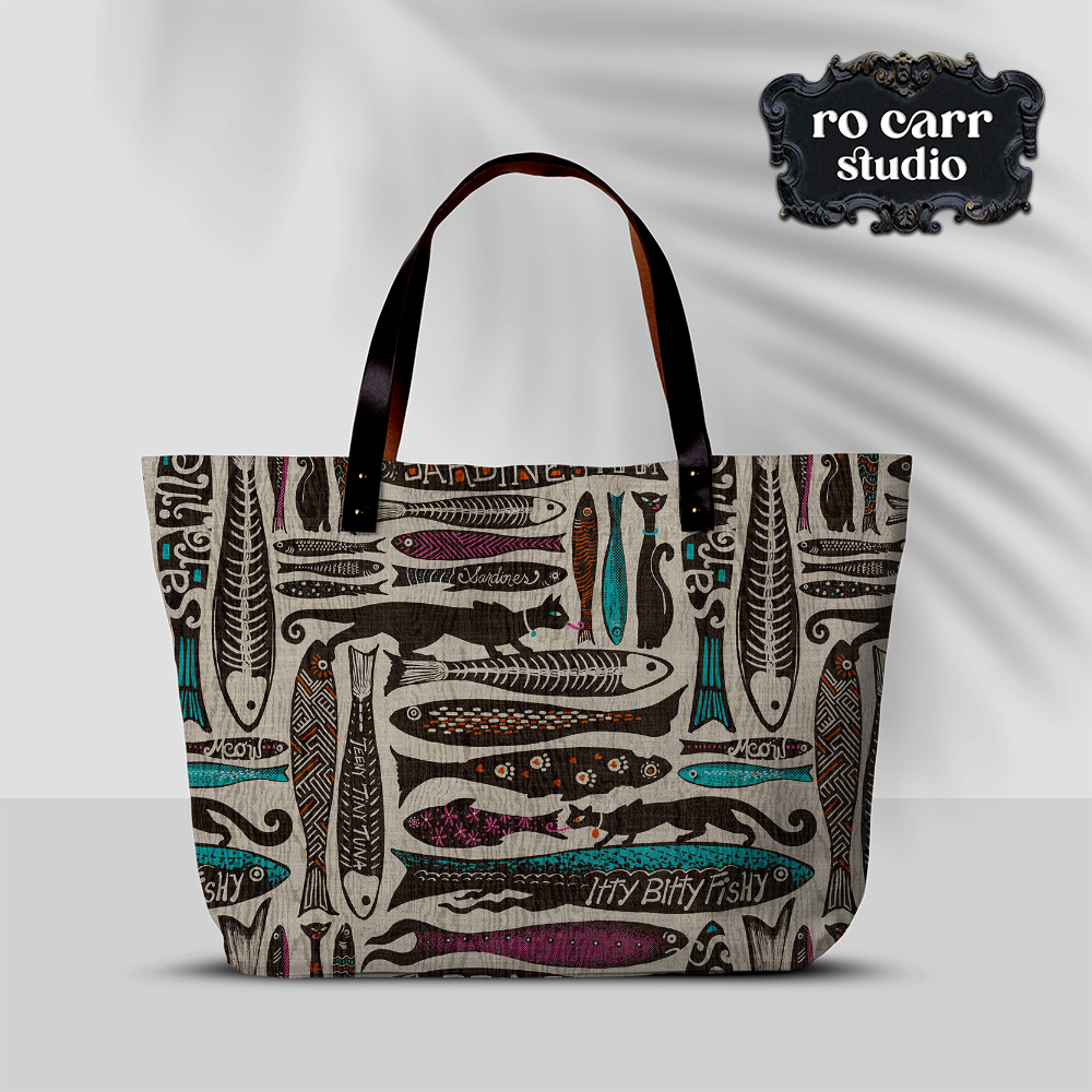 Large tote bag with leather straps made from canvas printed with the pattern.
