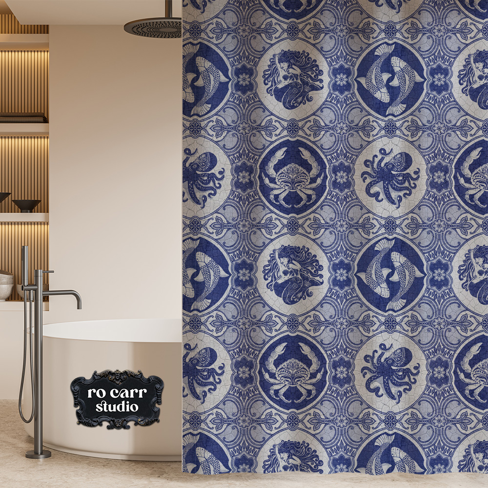 Bathroom mockup showing the dubbel dutch pattern printed on the shower curtain.