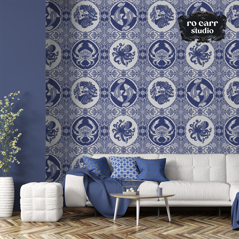 Mockup of cosy living room with a white couch, featuring dubbel dutch wallpaper.