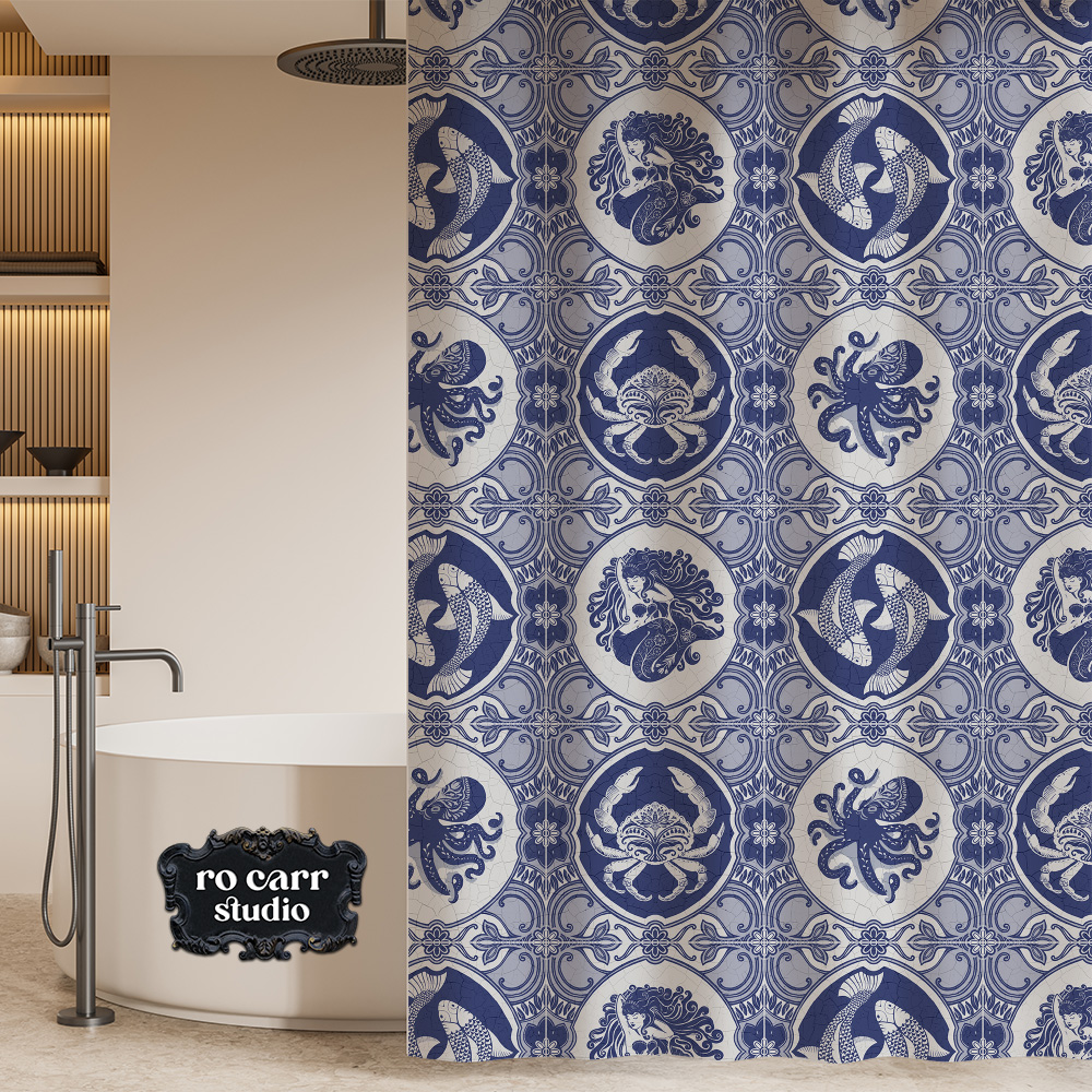 Shower curtain mockup using the dubbel dutch pattern, in a sleek modern bathroom.