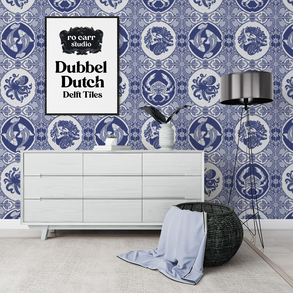 Modern foyer with a sideboard and light colored wood, featuring dubbel dutch wallpaper.