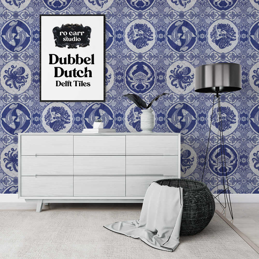 Modern foyer with a sideboard and light colored wood, featuring dubbel dutch wallpaper.