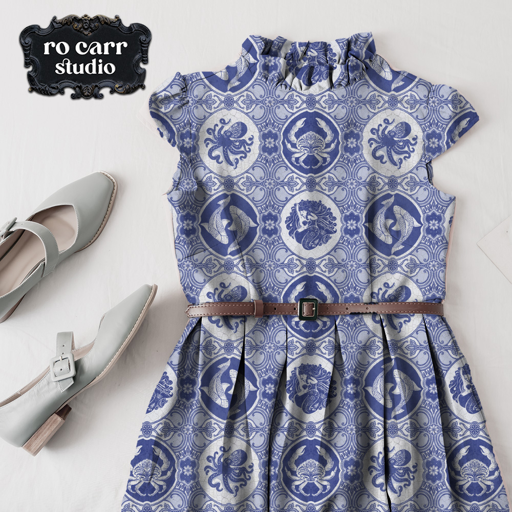 Dubbel Dutch delft tile pattern in a mockup of a dress with ruffles.