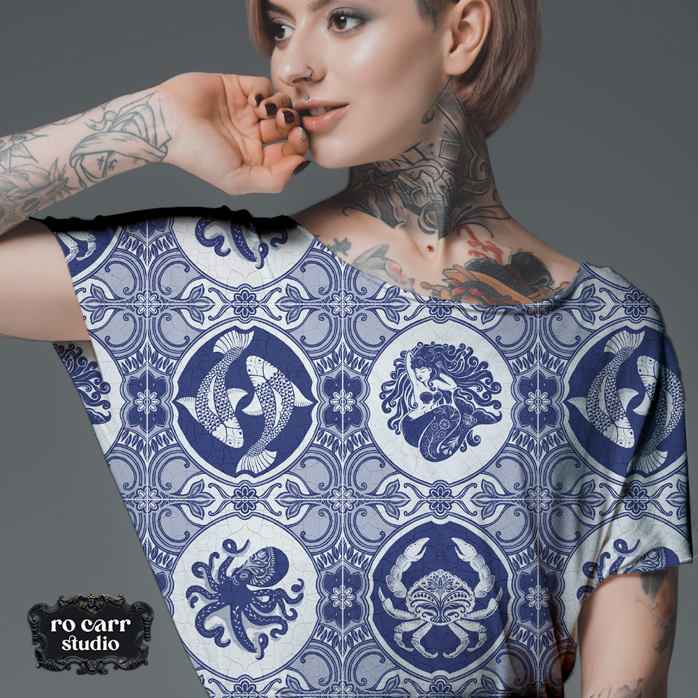 Young tattooed woman a tee shirt, printed, with the dubbel dutch pattern.