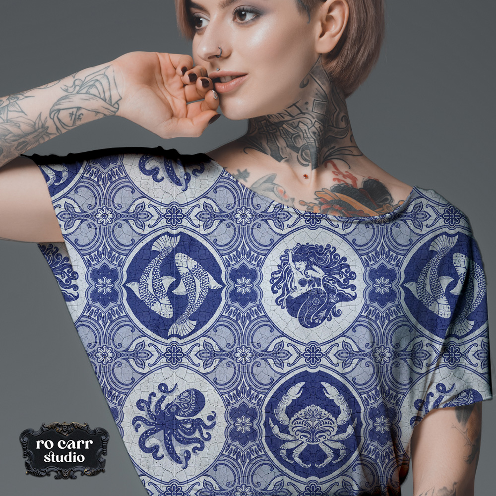 Young tattooed woman a tee shirt, printed, with the dubbel dutch pattern.