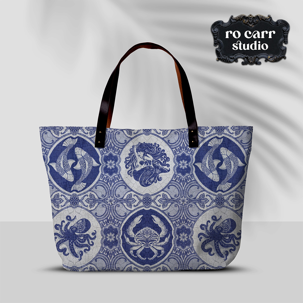 Mockup of a tote bag made of fabric printed with dubbel dutch pattern.