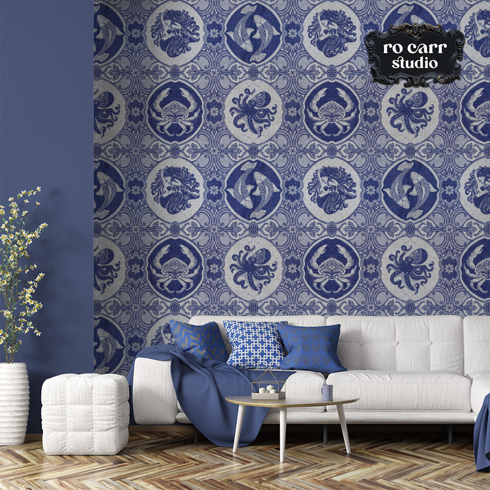 Mockup of cosy living room with a white couch, featuring dubbel dutch wallpaper.
