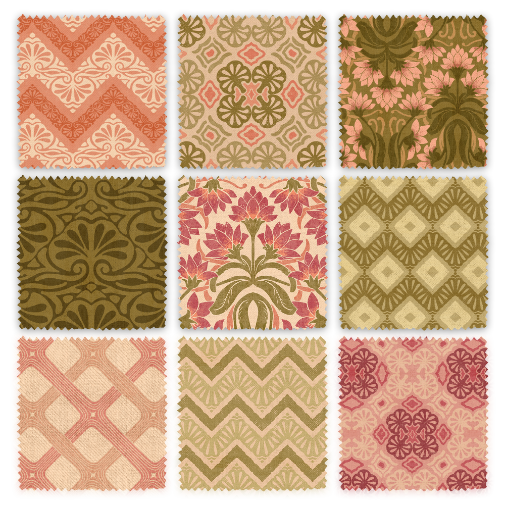 Nine fabric swatches from the Boho Spice Route Zigzag collection arranged in a grid.