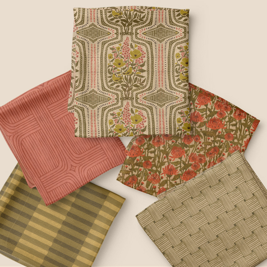 Folded fabric swatches displaying Refined Boho Terrarium collection.