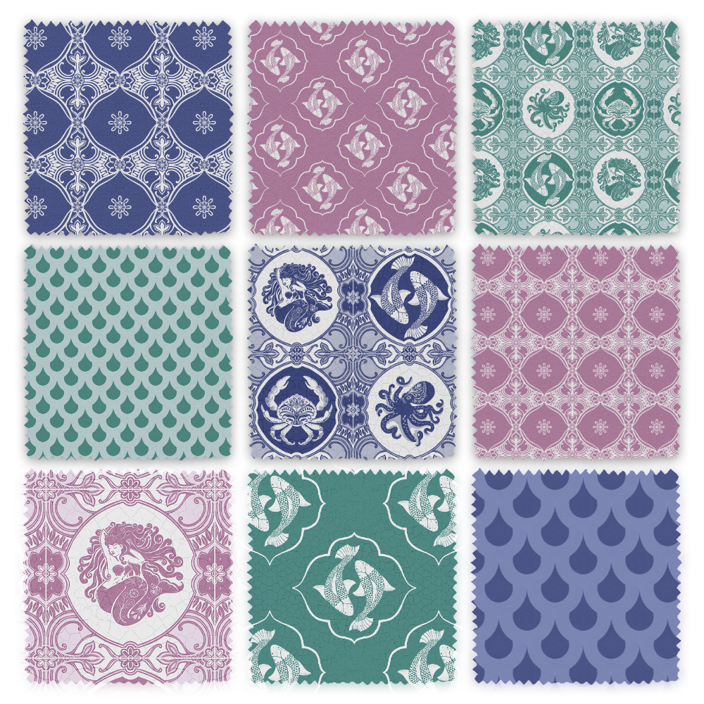 Dubbel Dutch Delft collection displayed as a grid of 9 fabric swatches.