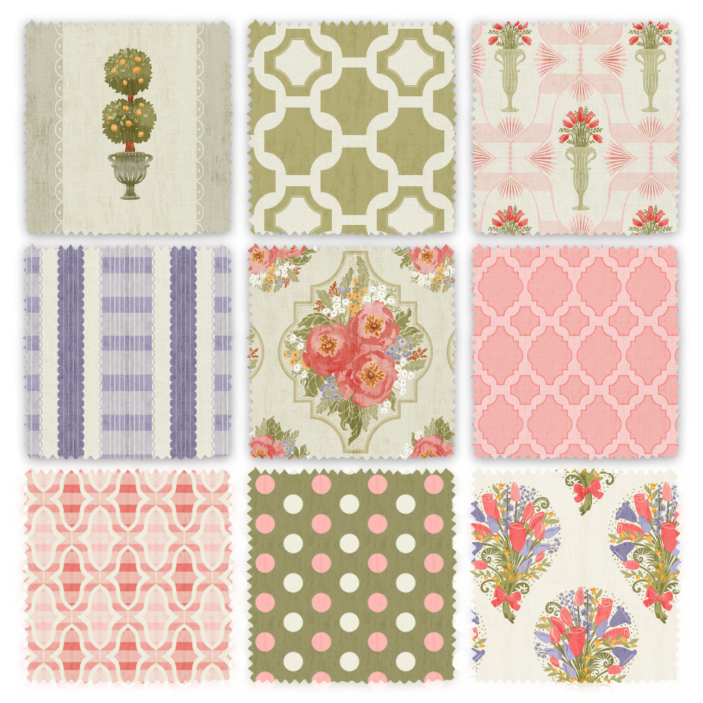 Fabric swatches displaying nine designs from the Granny Flair collection.