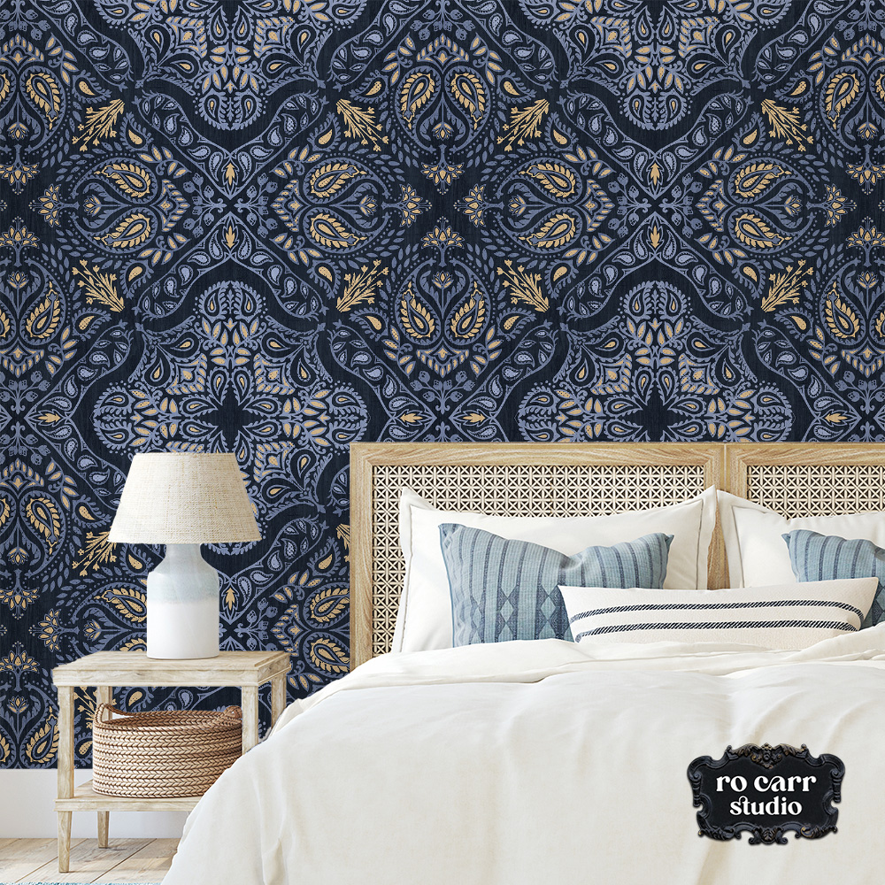 Wallpaper featuring the Retro Country Bandana pattern in a bedroom setting.
