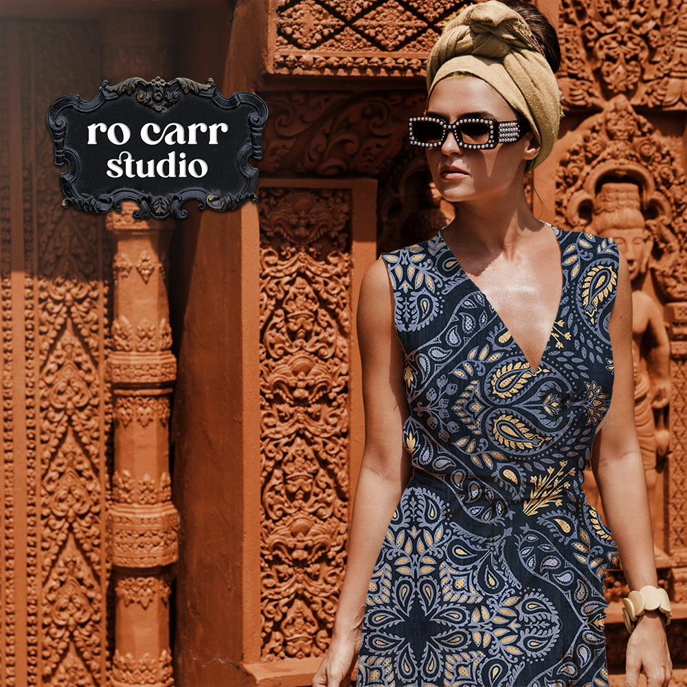 Woman wearing a wrap dress featuring the Retro Country Bandana pattern.
