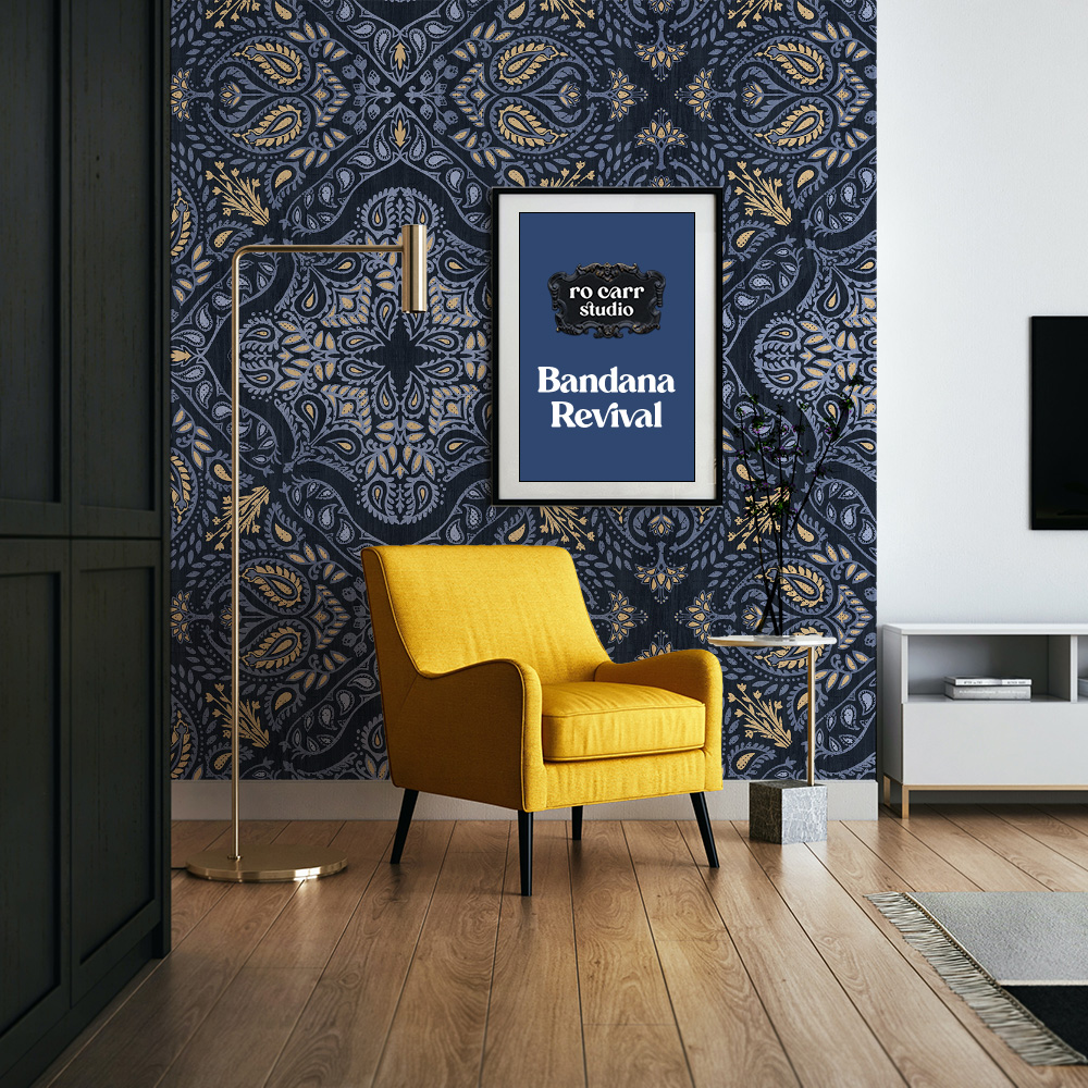 Wallpaper featuring the Retro Country Bandana pattern in a modern interior.
