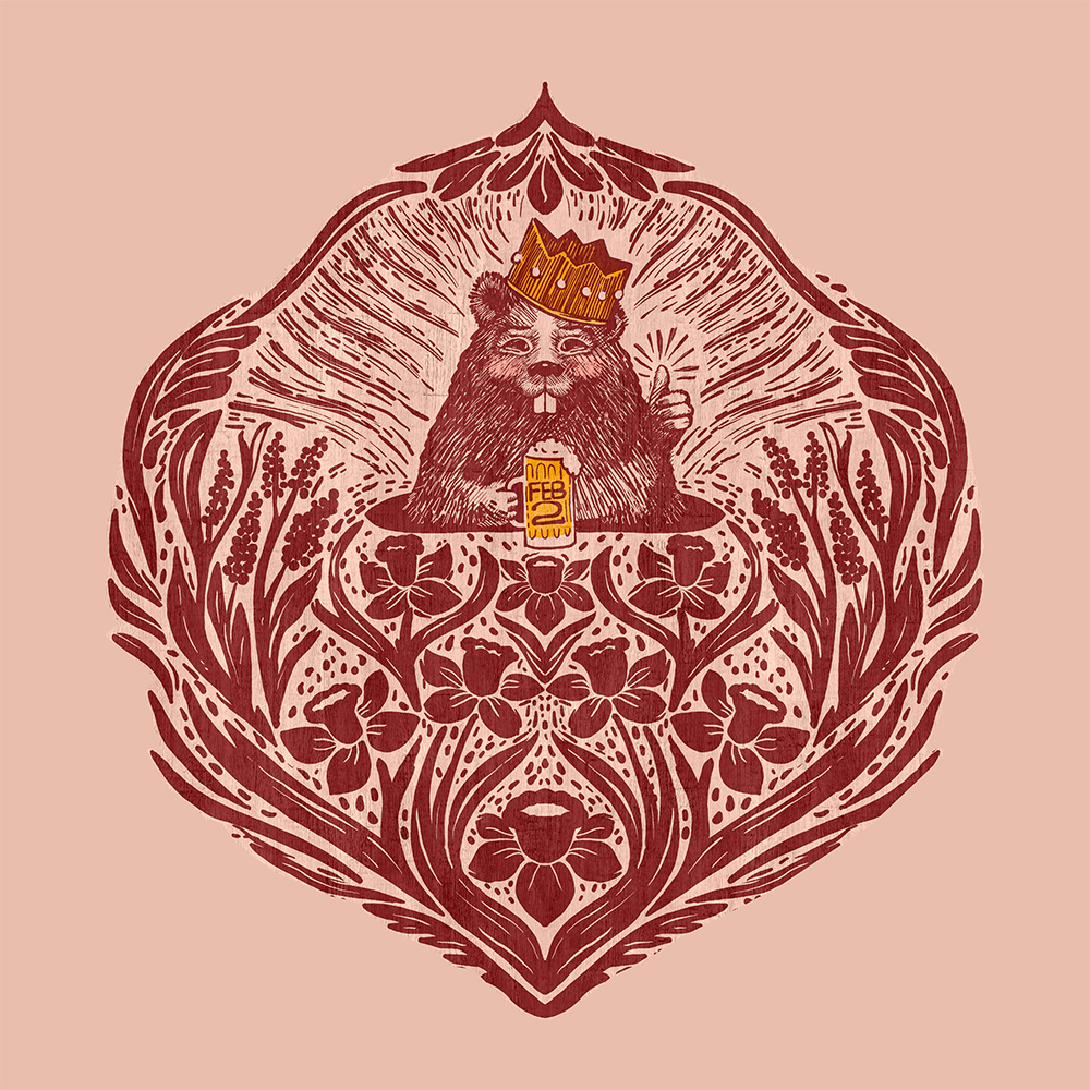 Groundhog Day Damask panel showing Punxsatawney Phil drinking a beer with thumbs up.