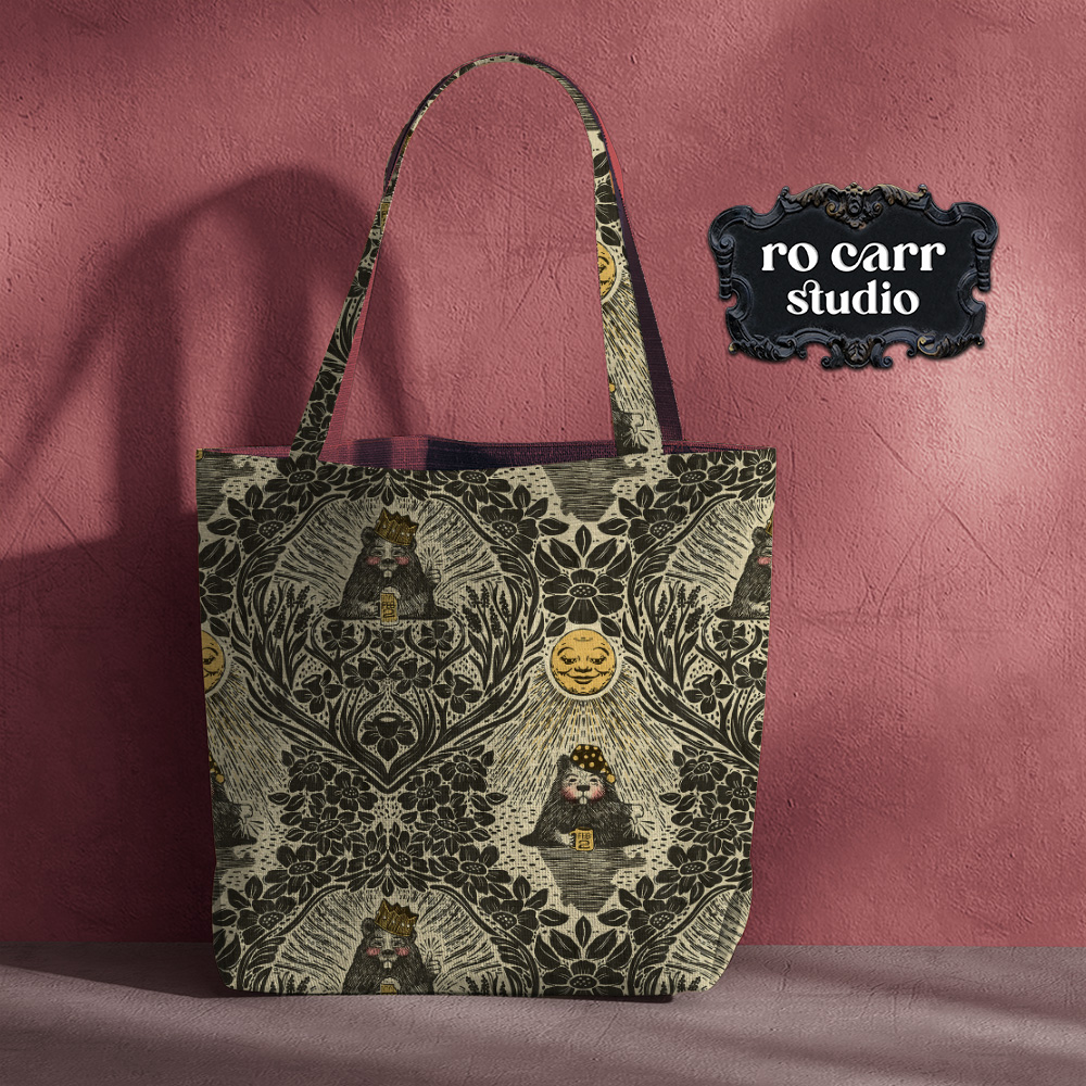 Groundhog Day Damask, original black and yellow colorway, mocked-up as a tote bag.