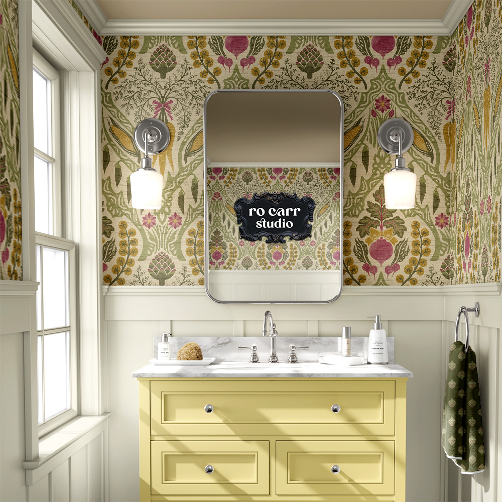 Vegetable print wallpaper with beets, carrots and artichokes in a light bathroom.