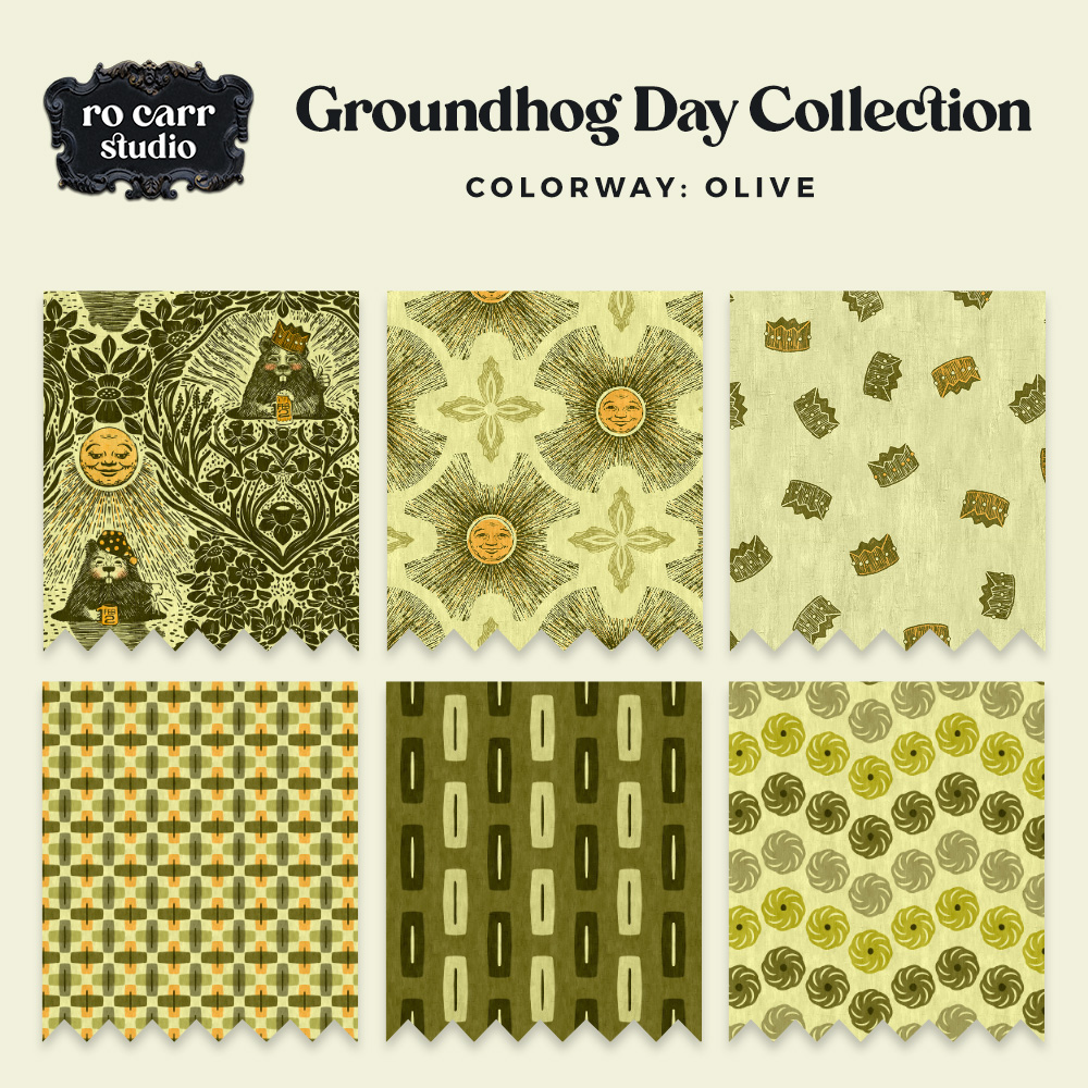 Swatches showing the olive colorway of six design swatches.