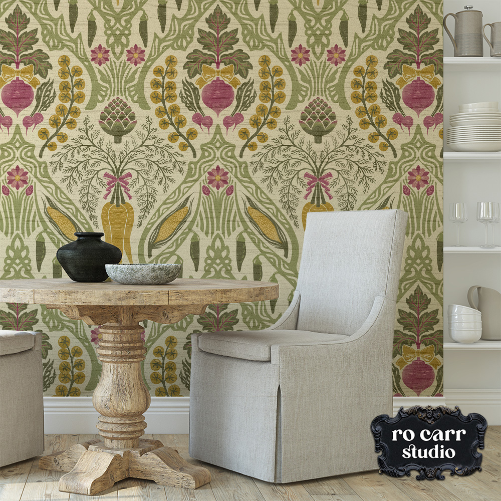 Heirloom & Bloom botanical wallpaper displayed in a dining space with a round wooden table and upholstered chairs.