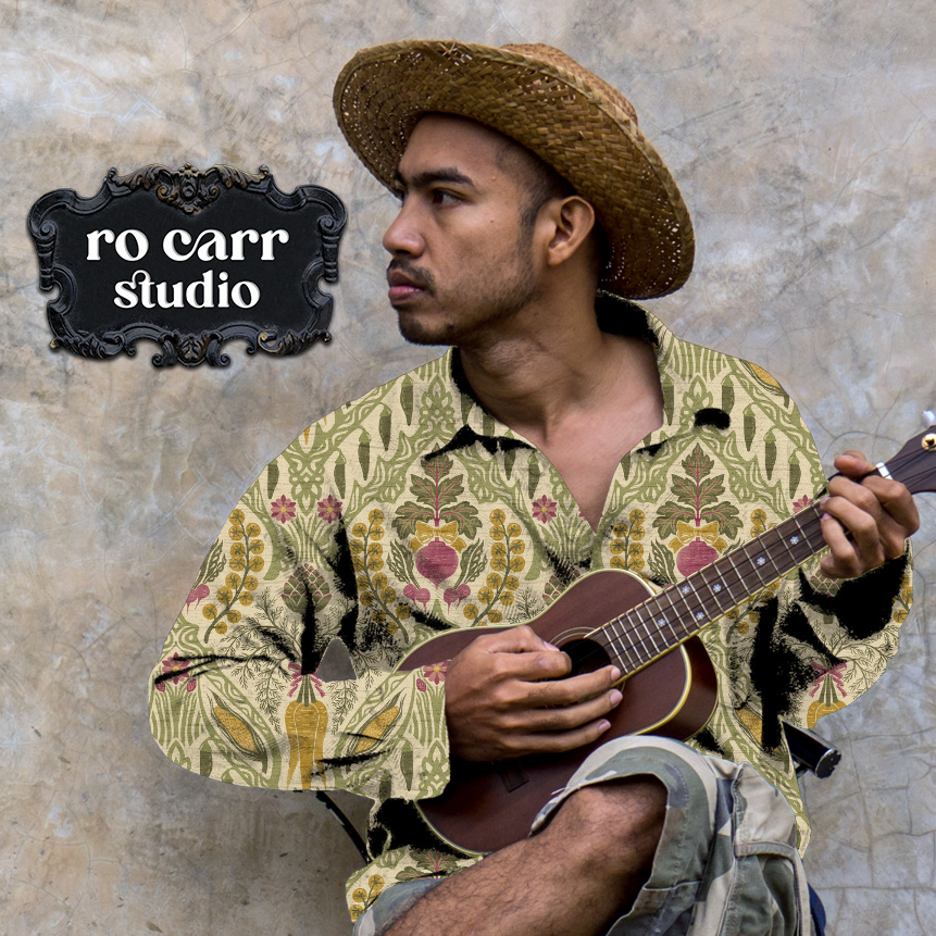 Heirloom & Bloom vegetable pattern printed on a button-down shirt worn by a person playing a ukulele.