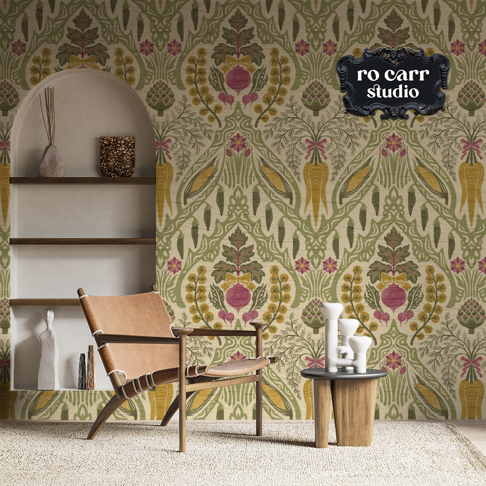 Heirloom & Bloom botanical wallpaper displayed in a room with open shelving, a leather chair, and small wooden side tables.